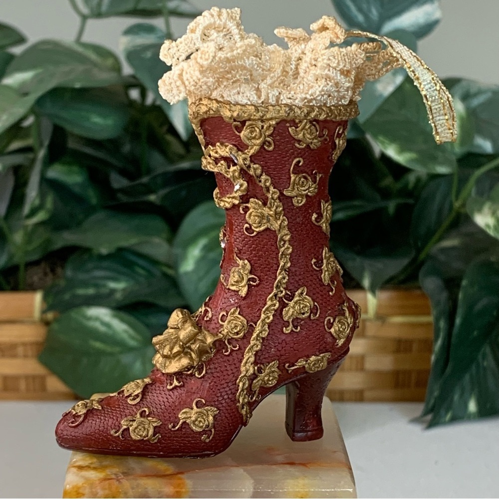 Vintage Victorian Boot Shoe Hanging Christmas Ornament Gold Red Rose Cream Lace